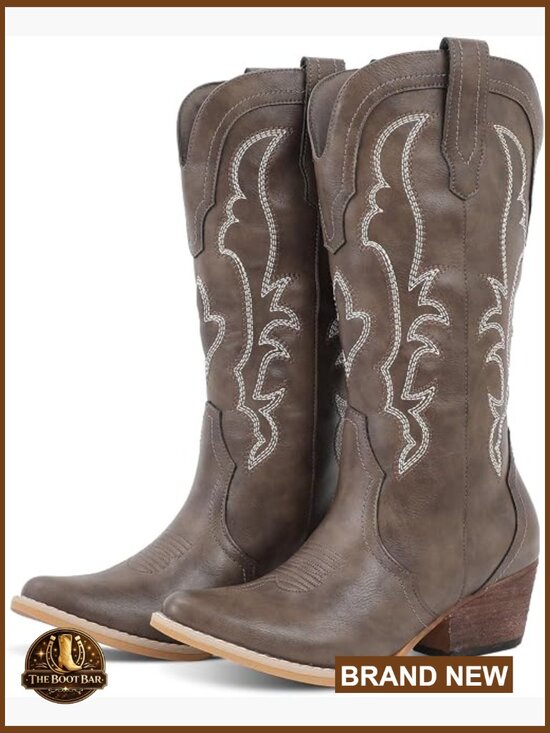 Shoes - Women's Mid-Calf Cowboy Boots Faux Leather Pointed Toe Block Heel Pull-On